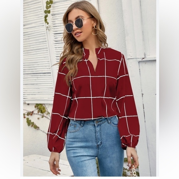 Light weight blouse Windowpane Plaid Notched Neck Shein - Picture 2 of 7